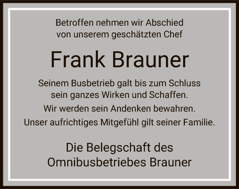 Traueranzeige für Frank Brauner vom 22.01.2021 aus UEL