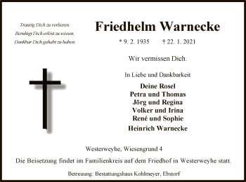 Traueranzeige von Friedhelm Warnecke von UEL