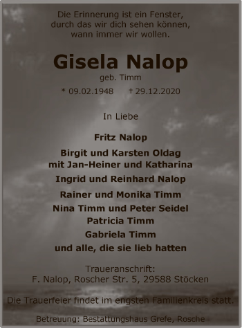 Traueranzeige von Gisela Nalop von UEL