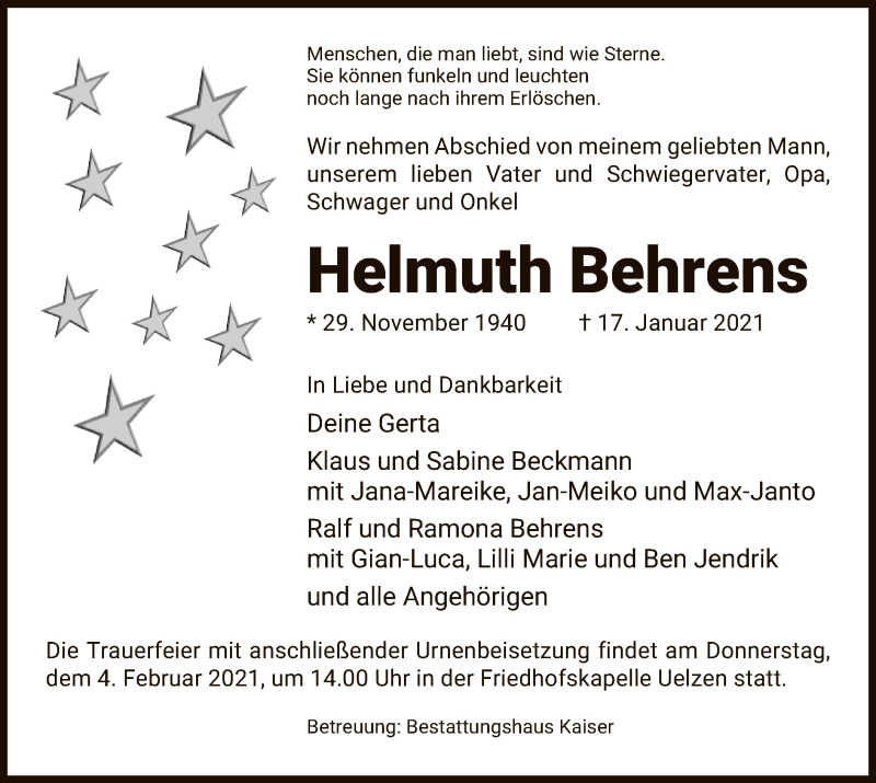  Traueranzeige für Helmuth Behrens vom 30.01.2021 aus UEL
