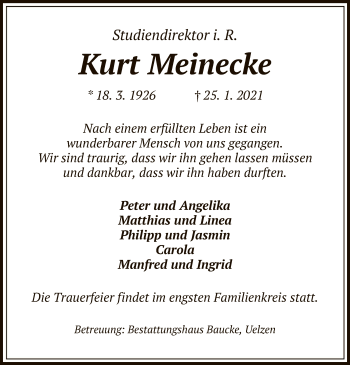 Traueranzeige von Kurt Meinecke von UEL