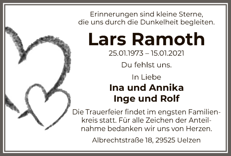  Traueranzeige für Lars Ramoth vom 23.01.2021 aus UEL