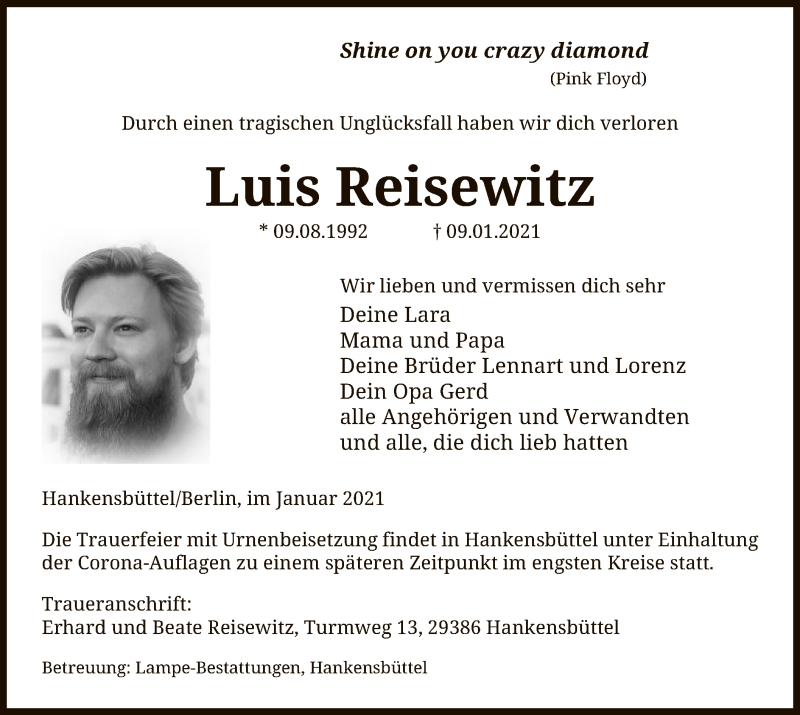  Traueranzeige für Luis Reisewitz vom 23.01.2021 aus UEL