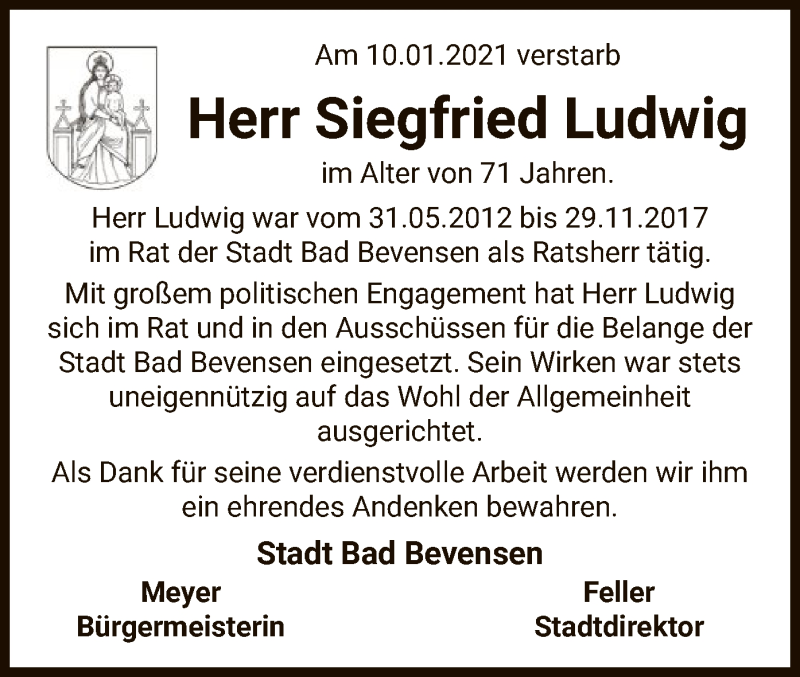  Traueranzeige für Siegfried Ludwig vom 14.01.2021 aus UEL