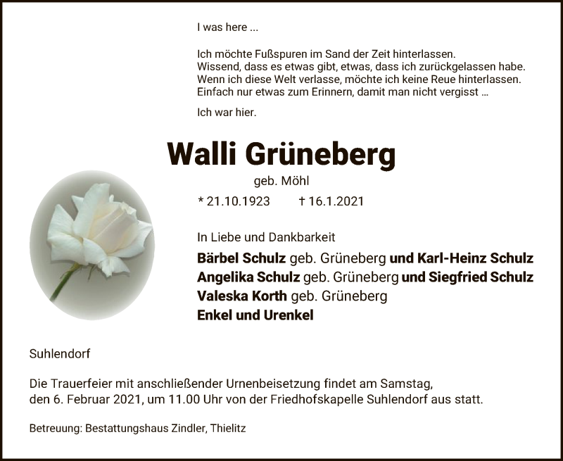  Traueranzeige für Walli Grüneberg vom 23.01.2021 aus UEL