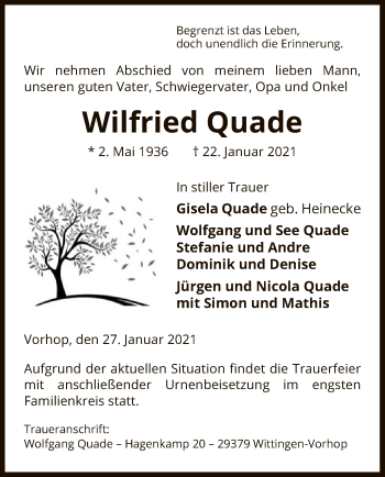 Traueranzeige von Wilfried Quade von UEL