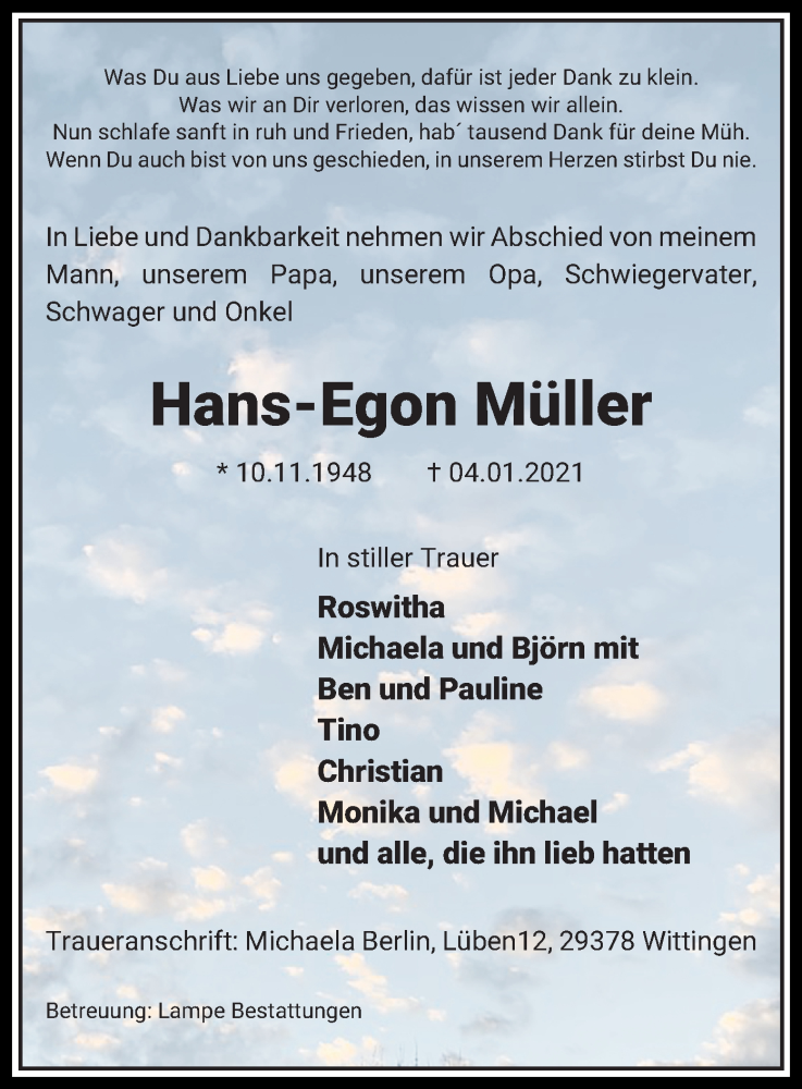  Traueranzeige für Hans-Egon Müller vom 12.01.2021 aus UEL