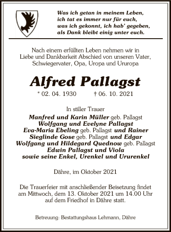 Traueranzeige von Alfred Pallagst von UEL