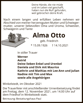 Traueranzeige von Alma Otto von UEL