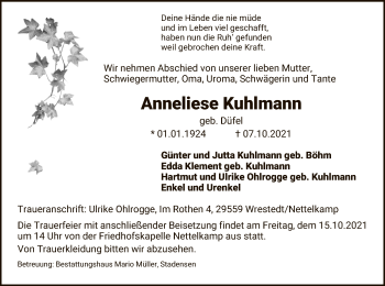 Traueranzeige von Anneliese Kuhlmann von UEL