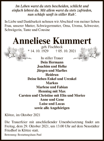 Traueranzeige von Anneliese Kummert von UEL