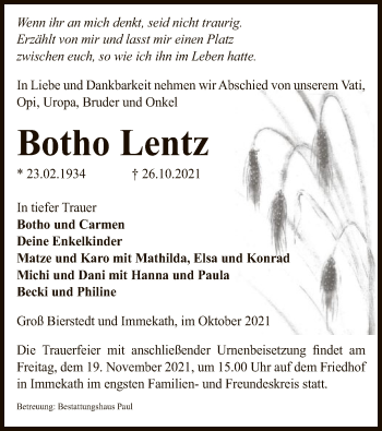 Traueranzeige von Botho Lentz von UEL