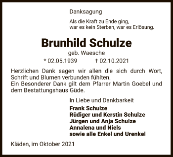 Traueranzeige von Brunhilde Schulze von UEL