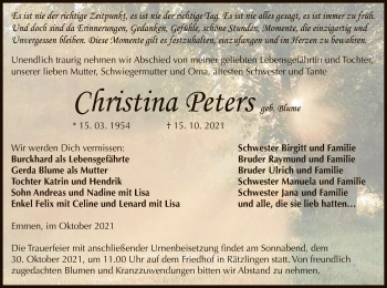 Traueranzeige von Christina Peters von UEL