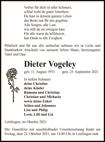 Traueranzeige von Dieter Vogeley von UEL