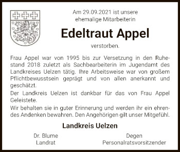 Traueranzeige von Edeltraut Appel von UEL