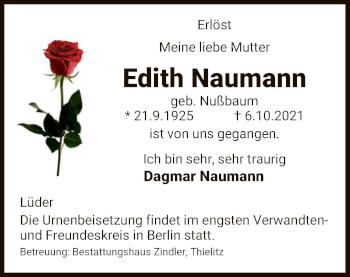 Traueranzeige von Edith Naumann von UEL