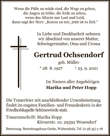 Traueranzeige von Gertrud Ochsendorf von UEL