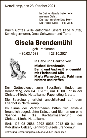 Traueranzeige von Gisela Brendemühl von UEL