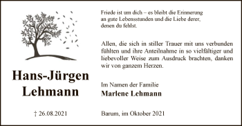 Traueranzeige von Hans-Jürgen Lehmann von UEL