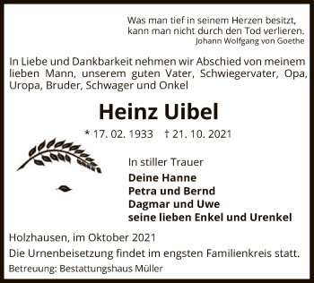 Traueranzeige von Heinz Uibel von UEL