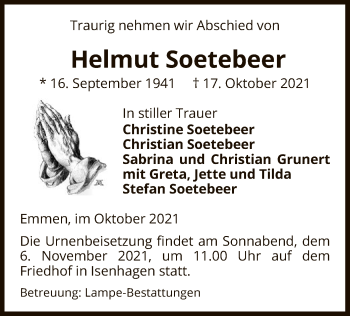 Traueranzeige von Helmut Soetebeer von UEL