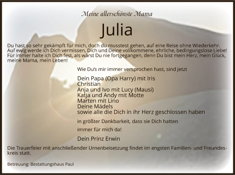  Traueranzeige für Julia  vom 07.10.2021 aus UEL