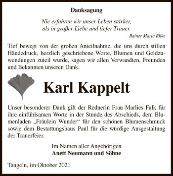 Traueranzeige von Karl Kappelt von UEL