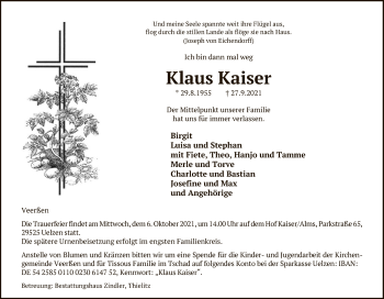 Traueranzeige von Klaus Kaiser von UEL