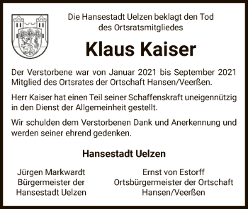 Traueranzeige von Klaus Kaiser von UEL