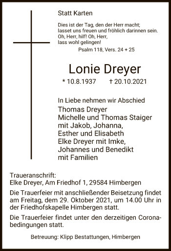 Traueranzeige von Lonie Dreyer von UEL