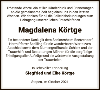 Traueranzeige von Magdalena Körtge von UEL