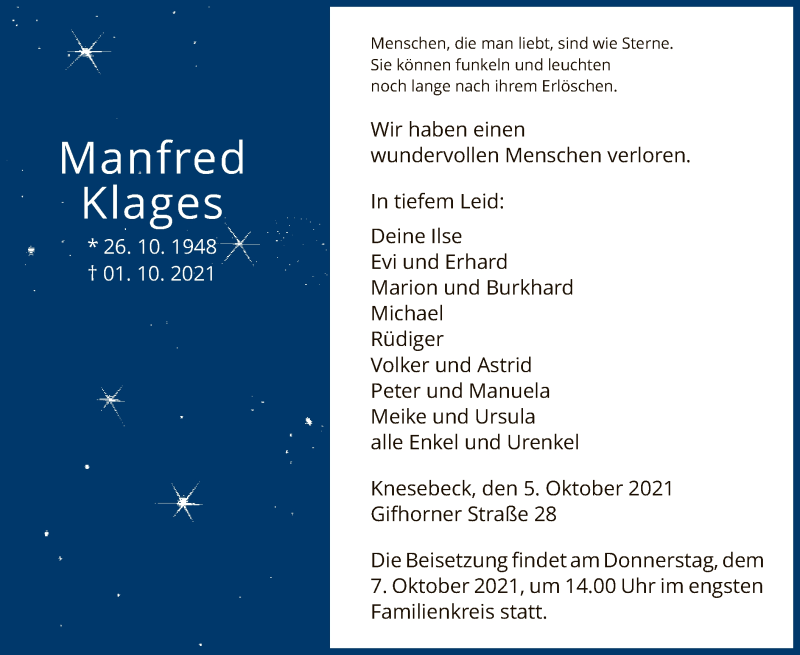  Traueranzeige für Manfred Klages vom 05.10.2021 aus UEL