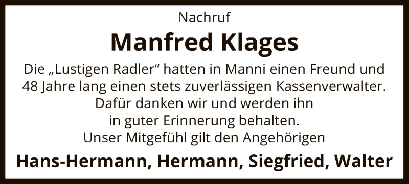  Traueranzeige für Manfred Klages vom 06.10.2021 aus UEL