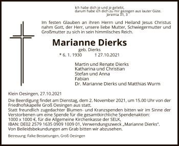 Traueranzeige von Marianne Dierks von UEL