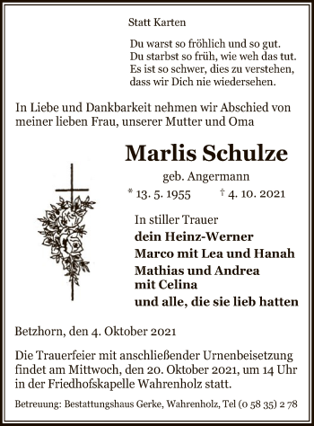 Traueranzeige von Marlis Schulze von UEL