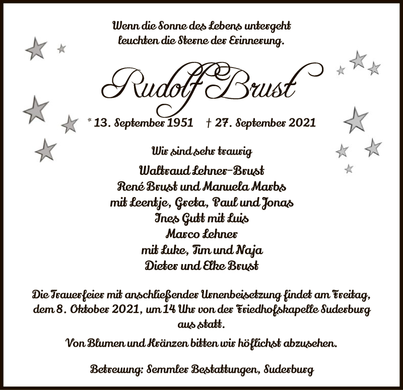  Traueranzeige für Rudolf Brust vom 02.10.2021 aus UEL