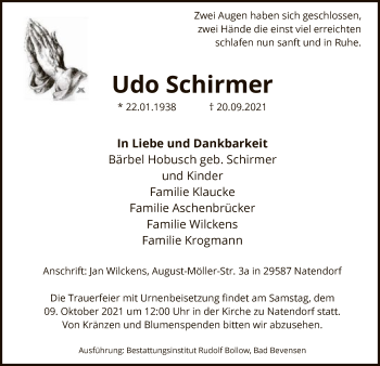 Traueranzeige von Udo Schirmer von UEL