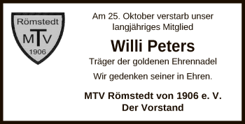 Traueranzeige von Willi Peters von UEL