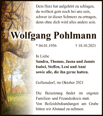 Traueranzeige von Wolfgang Pohlmann von UEL