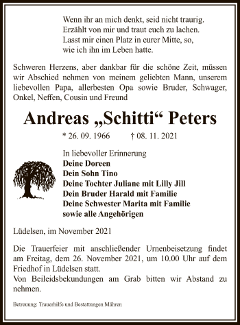 Traueranzeige von Andreas Peters von UEL