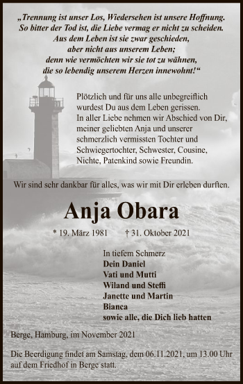 Traueranzeige von Anja Obara von UEL