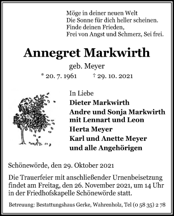 Traueranzeige von Annegret Markwirth von UEL