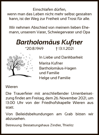 Traueranzeige von Bartholomäus Kufner von UEL