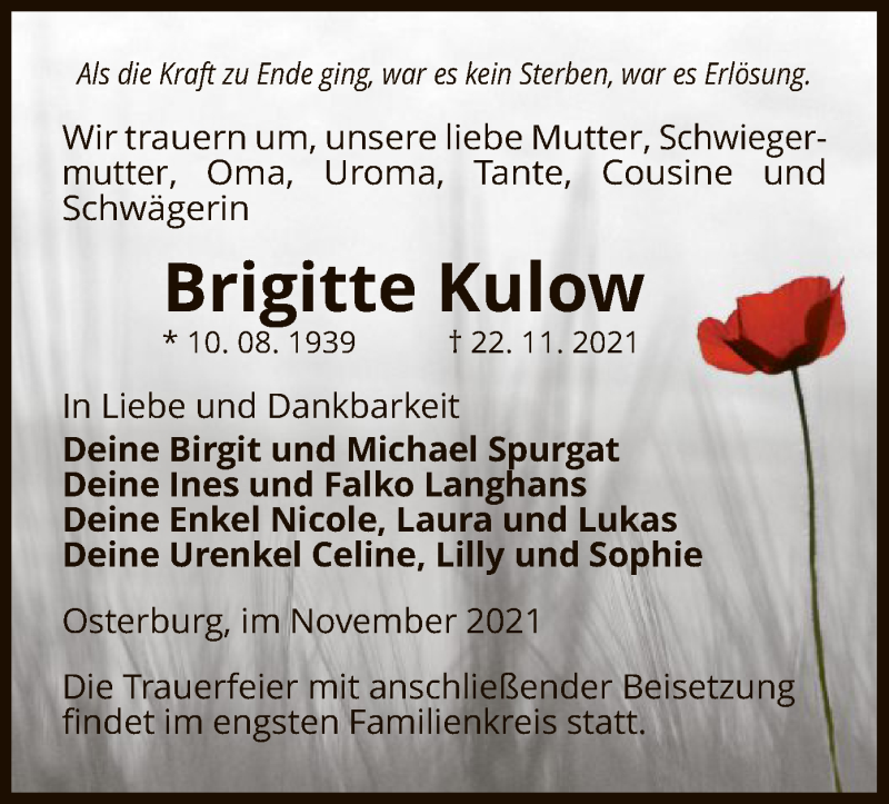  Traueranzeige für Brigitte Kulow vom 25.11.2021 aus UEL