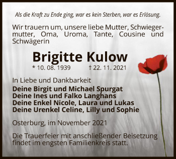 Traueranzeige von Brigitte Kulow von UEL