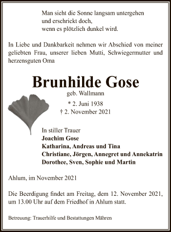 Traueranzeige von Brunhilde Gose von UEL