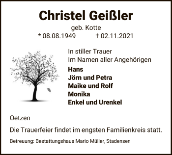 Traueranzeige von Christel Geißler von UEL