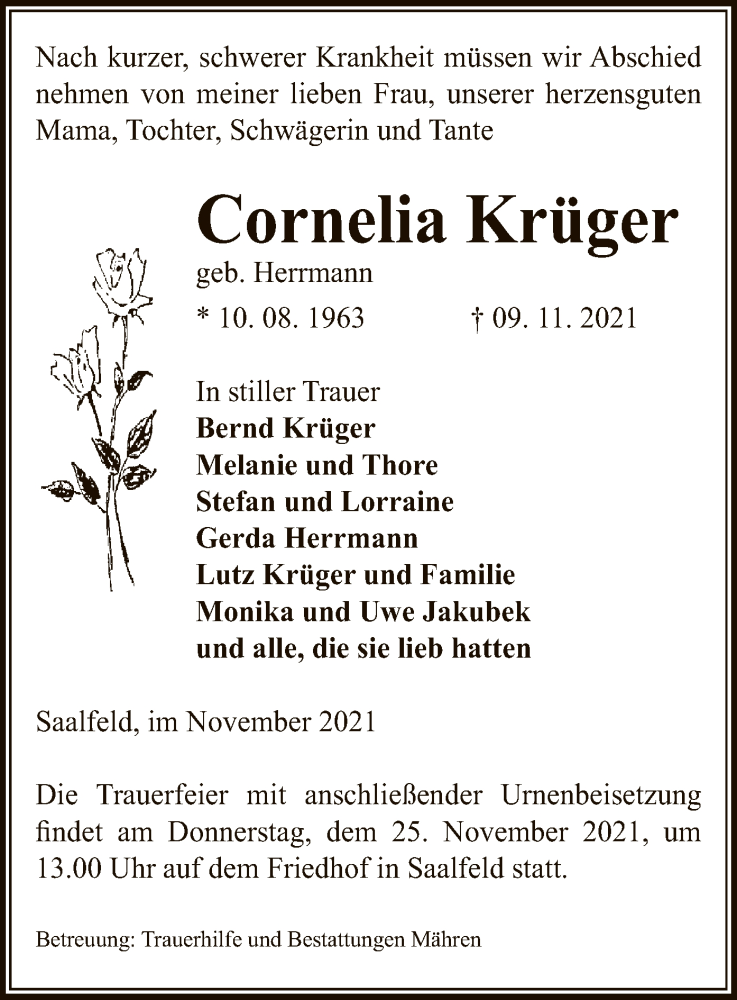  Traueranzeige für Cornelia Krüger vom 12.11.2021 aus UEL