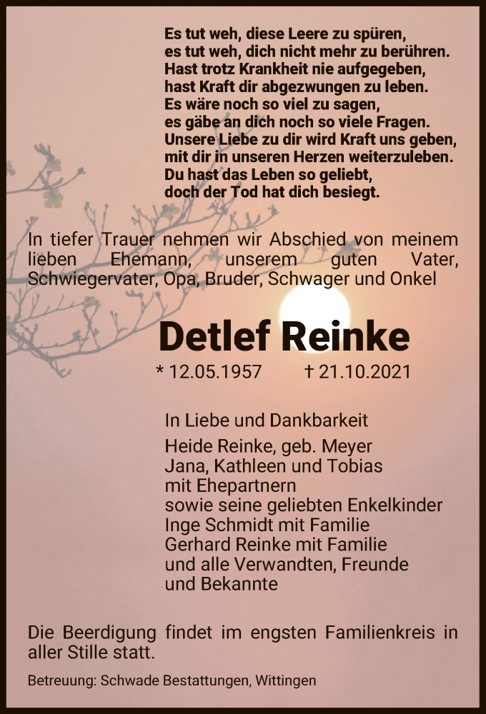  Traueranzeige für Detlef Reinke vom 06.11.2021 aus UEL